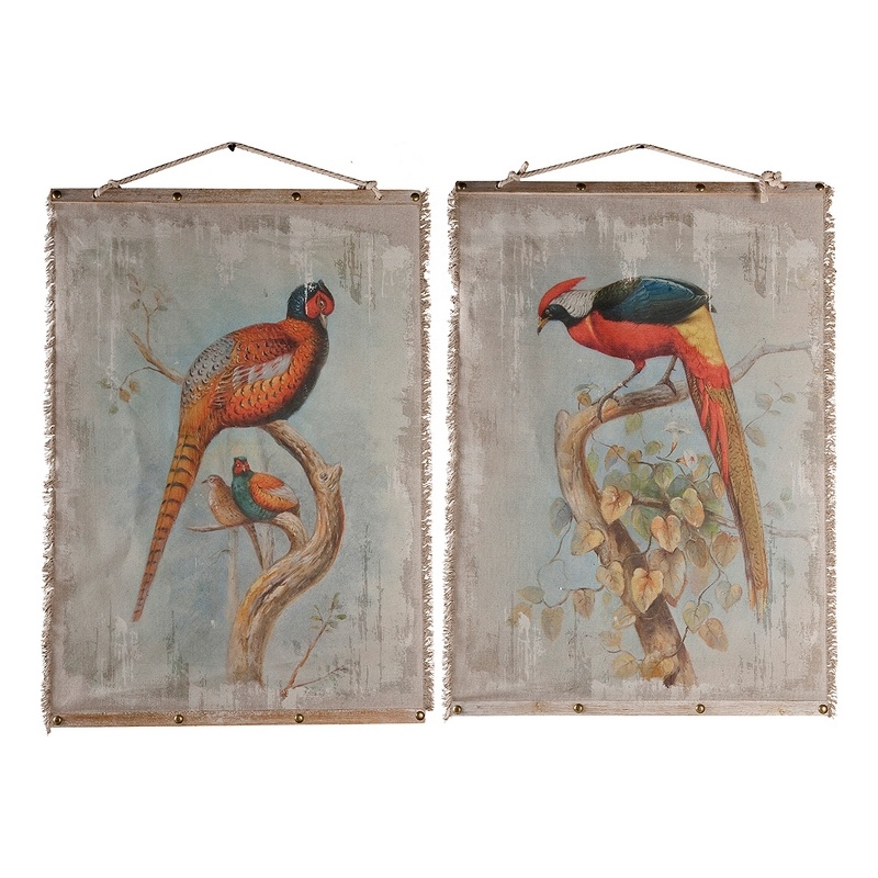 Benjara 30 x 43 Hanging Wall Art Set of 2- Colorful Birds- Linen- Orange- Blue