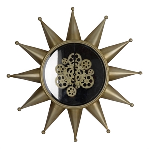 Benjara 28&quot Hanging Wall Clock- Sunlike Star Gear Design- Iron- Gold & Black