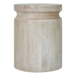 Benjara Kiv 24&quot Side End Table- Round Mango Wood Top- Carved Accent Base- Cream
