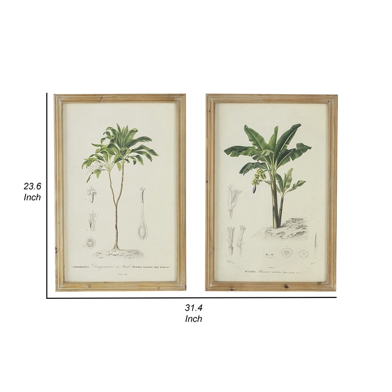 Benjara 24 x 32 Framed Art Print Set of 2- Tree Design- Fir Wood- Green- Brown