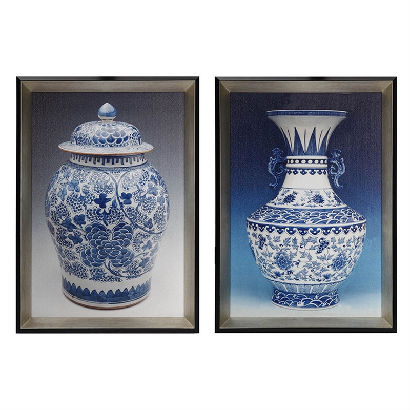 Benjara 14 x 20 Set of 2 Framed Wall Art Prints-Pot Design-Blue-White-& Black