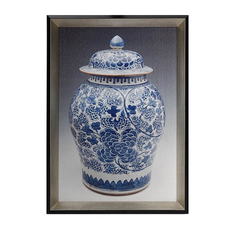 Benjara 14 x 20 Set of 2 Framed Wall Art Prints-Pot Design-Blue-White-& Black