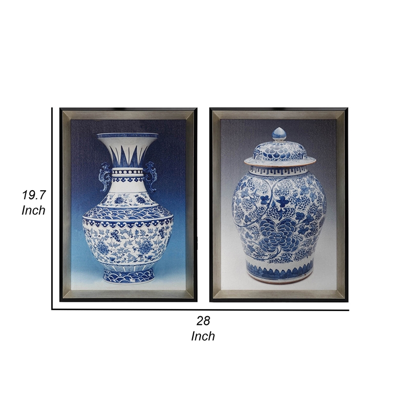 Benjara 14 x 20 Set of 2 Framed Wall Art Prints-Pot Design-Blue-White-& Black