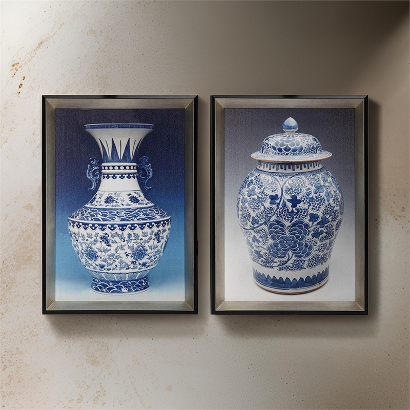 Benjara 14 x 20 Set of 2 Framed Wall Art Prints-Pot Design-Blue-White-& Black