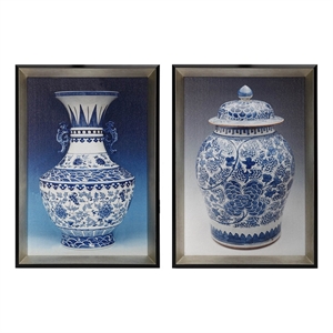 Benjara 14 x 20 Set of 2 Framed Wall Art Prints-Pot Design-Blue-White-& Black