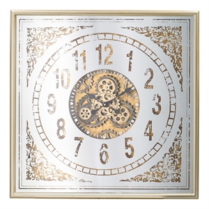 Benjara 32&quot Wall Clock- Decorative Gear Design- Square- Iron- White & Brown