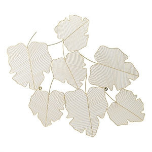 Benjara 49&quot Decorative Wall Art- Attached Leaves Design- Iron- White & Gold