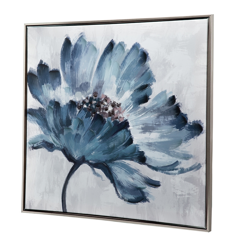 Benjara 30 x 30 Embellished Handpainted Floral Canvas Wall Art- Blue and White