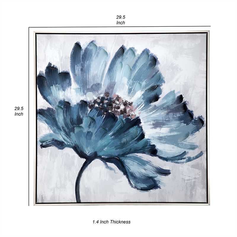 Benjara 30 x 30 Embellished Handpainted Floral Canvas Wall Art- Blue and White
