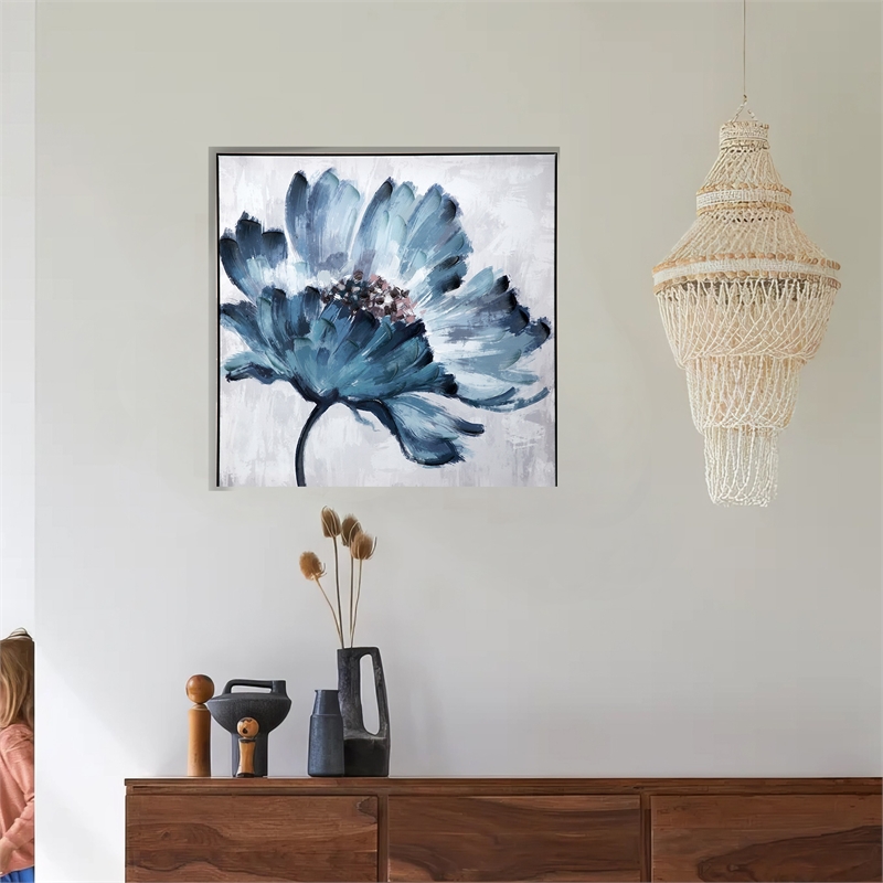 Benjara 30 x 30 Embellished Handpainted Floral Canvas Wall Art- Blue and White