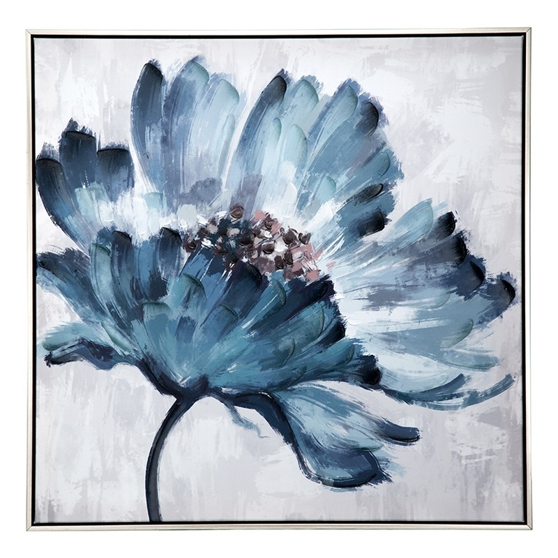 Benjara 30 x 30 Embellished Handpainted Floral Canvas Wall Art- Blue and White