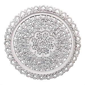 Benjara 35&quot Hanging Wall Art Decor- Round- 3D Carved- Rustic White Finish