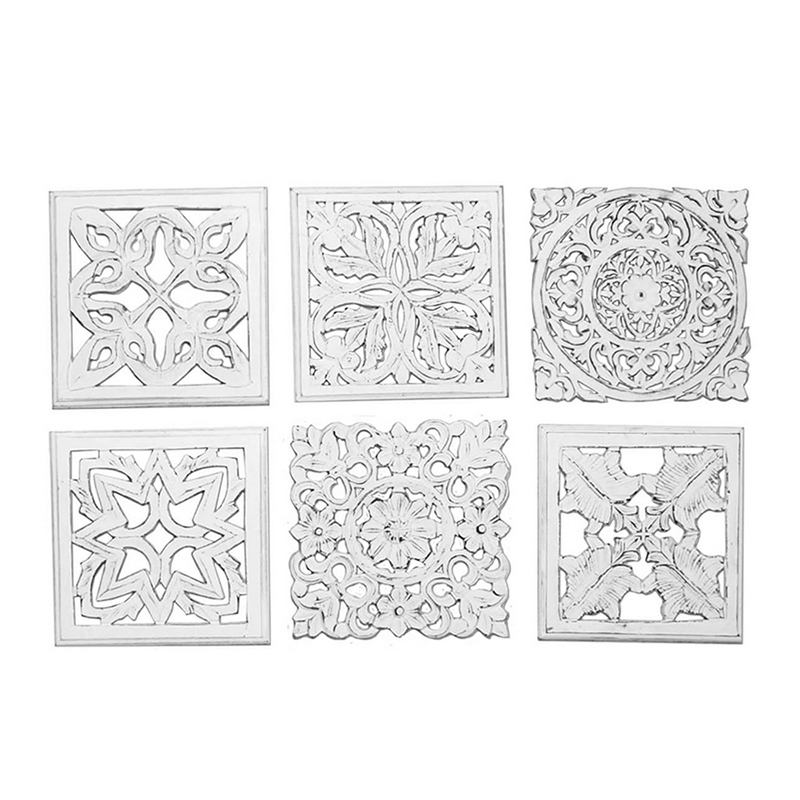 Benjara 12 x 12 Wall Art Panel Set of 6-Intricate Carved Sculpture-White Finish