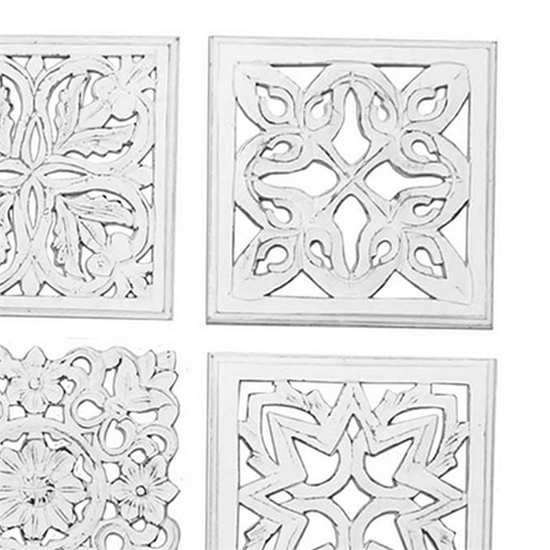 Benjara 12 x 12 Wall Art Panel Set of 6-Intricate Carved Sculpture-White Finish