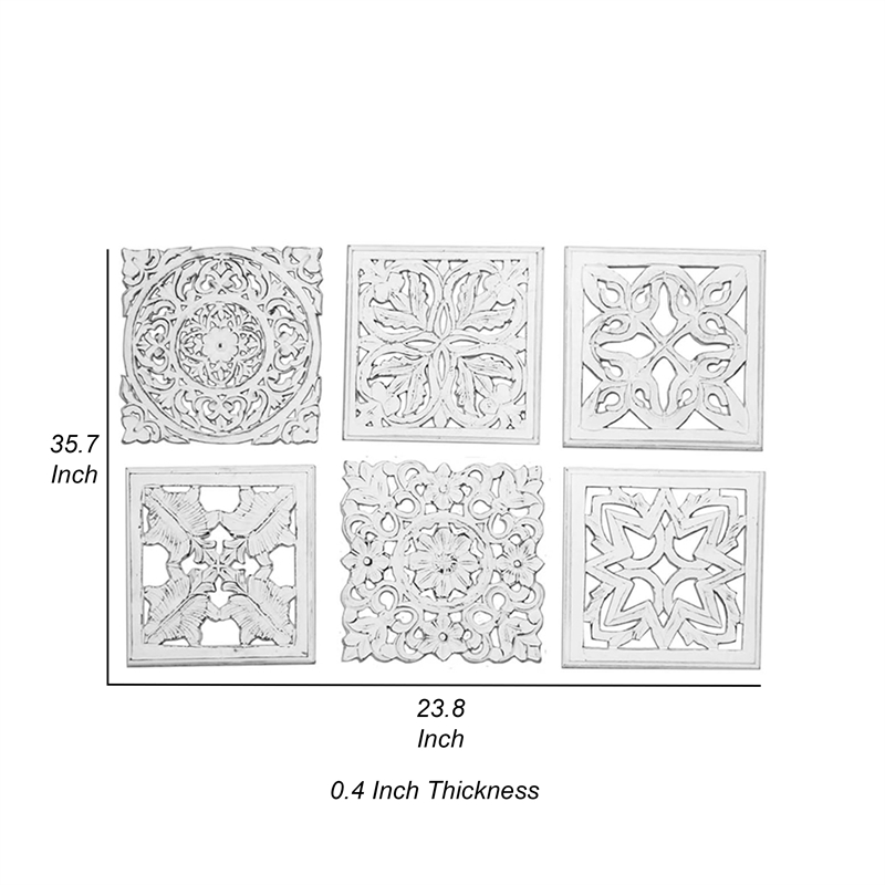 Benjara 12 x 12 Wall Art Panel Set of 6-Intricate Carved Sculpture-White Finish