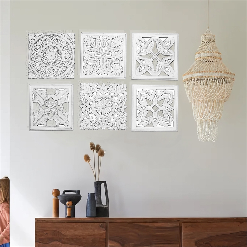 Benjara 12 x 12 Wall Art Panel Set of 6-Intricate Carved Sculpture-White Finish