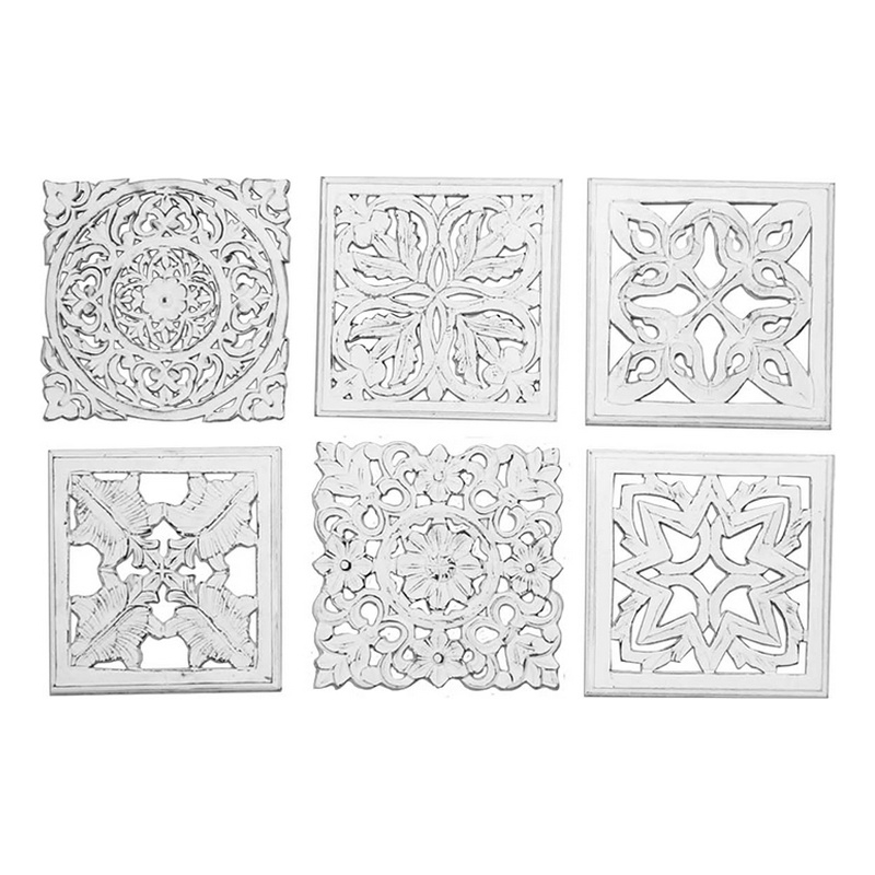 Benjara 12 x 12 Wall Art Panel Set of 6-Intricate Carved Sculpture-White Finish