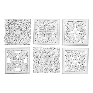 Benjara 12 x 12 Wall Art Panel Set of 6-Intricate Carved Sculpture-White Finish