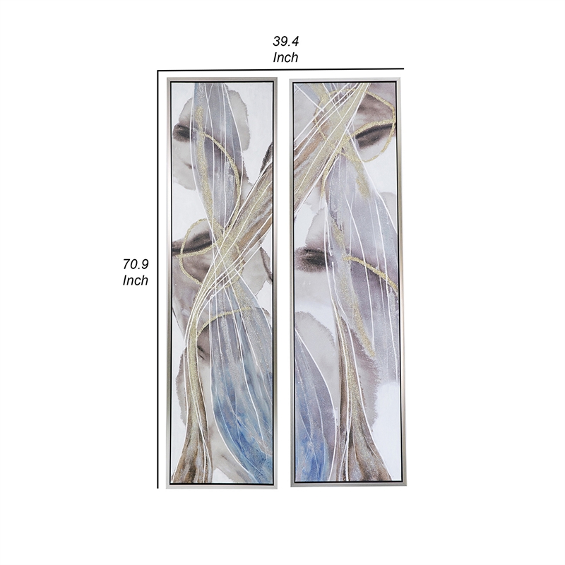 Benjara 20 x 71 Tall Framed Rectangular Oil Paintings Set of 2- White Abstract