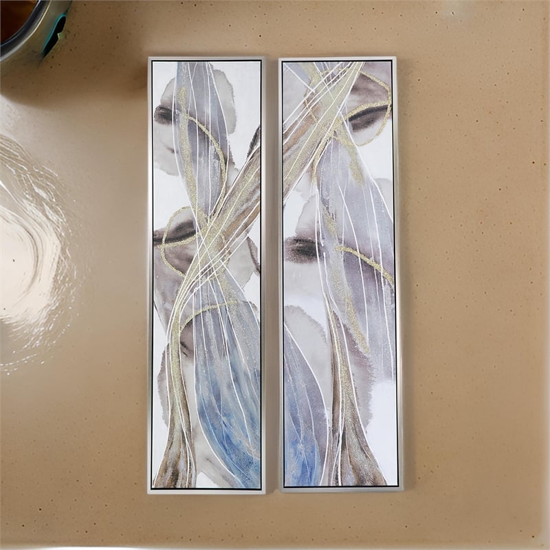 Benjara 20 x 71 Tall Framed Rectangular Oil Paintings Set of 2- White Abstract