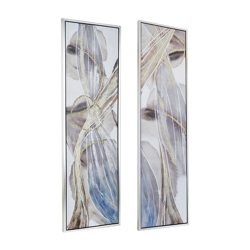 Benjara 20 x 71 Tall Framed Rectangular Oil Paintings Set of 2- White Abstract
