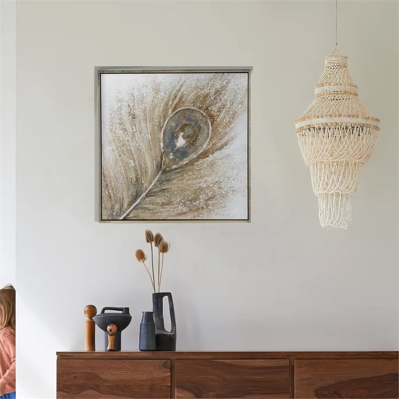 Benjara 39 x 39 Handpainted Wall Art- Peacock Feather Painting- Blue and Gold