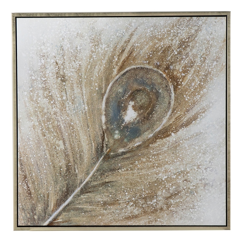 Benjara 39 x 39 Handpainted Wall Art- Peacock Feather Painting- Blue and Gold