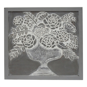 Benjara 36x36&quot Wall Art Panel- Carved Flower Vase Design- Gray White Wood