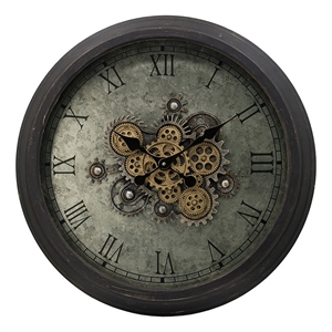 Benjara 28&quot Wall Clock- Round Vintage Gear Design- Gold & Dark Brown Finish