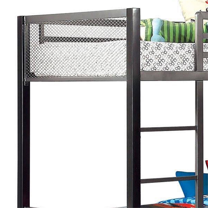 Benjara Triple Twin Size Bunk Beds with Desk and Ladders- Silver Metal Frame