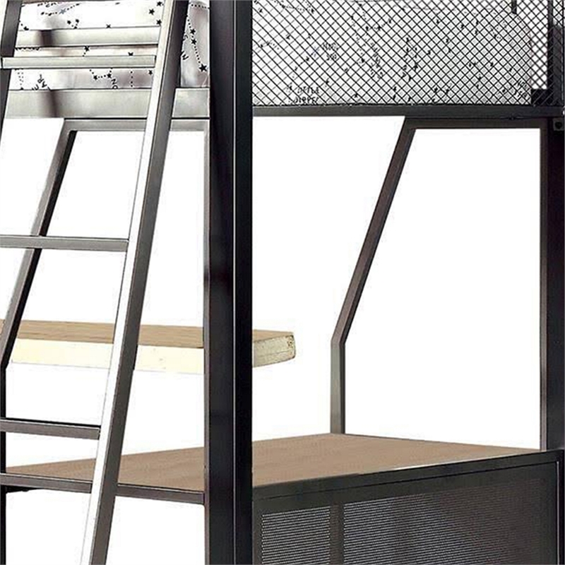 Benjara Triple Twin Size Bunk Beds with Desk and Ladders- Silver Metal Frame