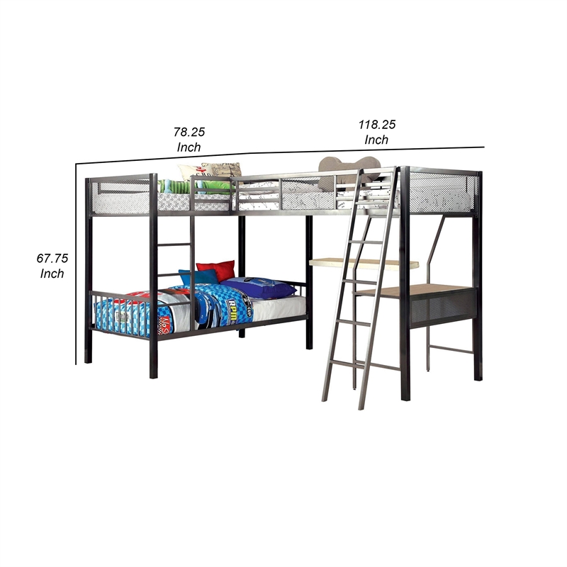 Benjara Triple Twin Size Bunk Beds with Desk and Ladders- Silver Metal Frame
