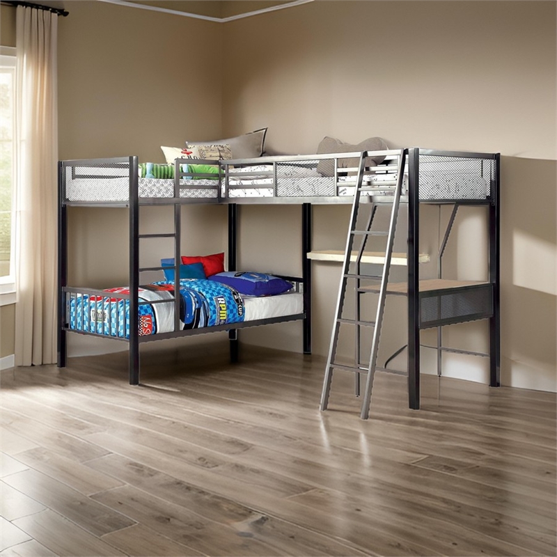 Benjara Triple Twin Size Bunk Beds with Desk and Ladders- Silver Metal Frame
