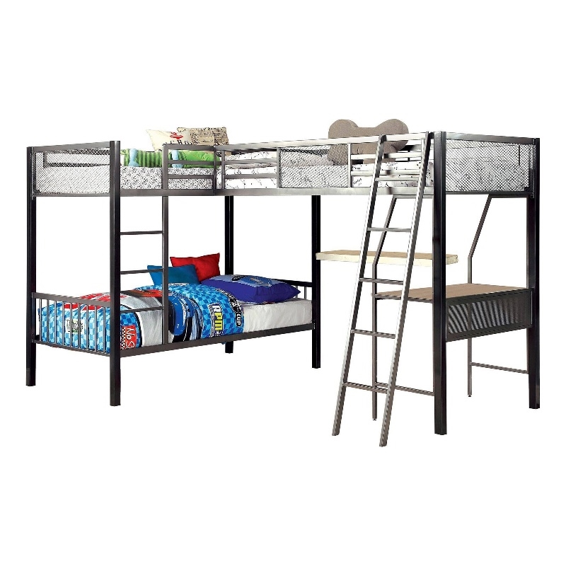 Benjara Triple Twin Size Bunk Beds with Desk and Ladders- Silver Metal Frame
