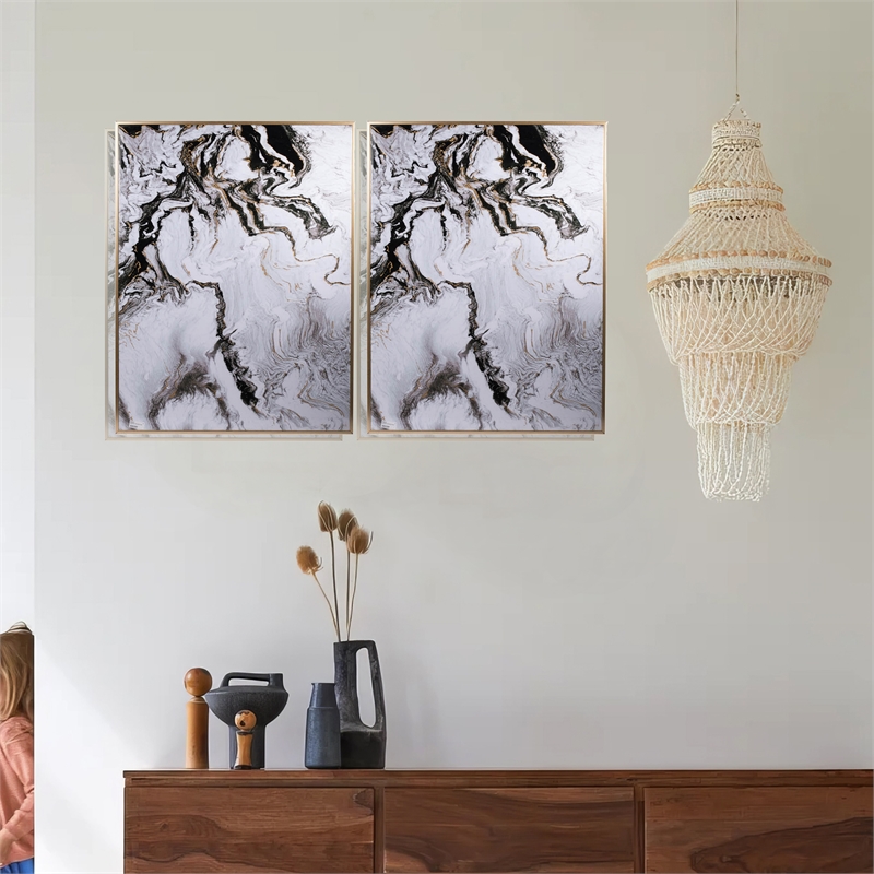 Benjara 30 x 40 Set of 2 Wall Panels- Home Decor- White Black Marble Design