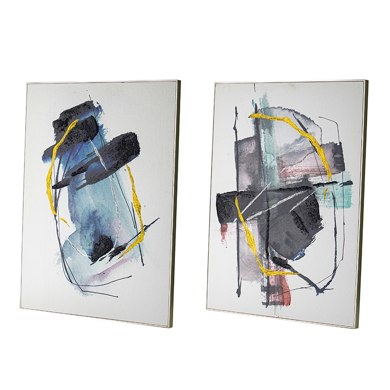 Benjara 24 x 32 Abstract Wall Art Set of 2- Black and Blue Painting- Silver Wood