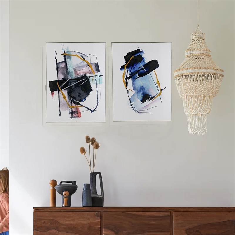 Benjara 24 x 32 Abstract Wall Art Set of 2- Black and Blue Painting- Silver Wood