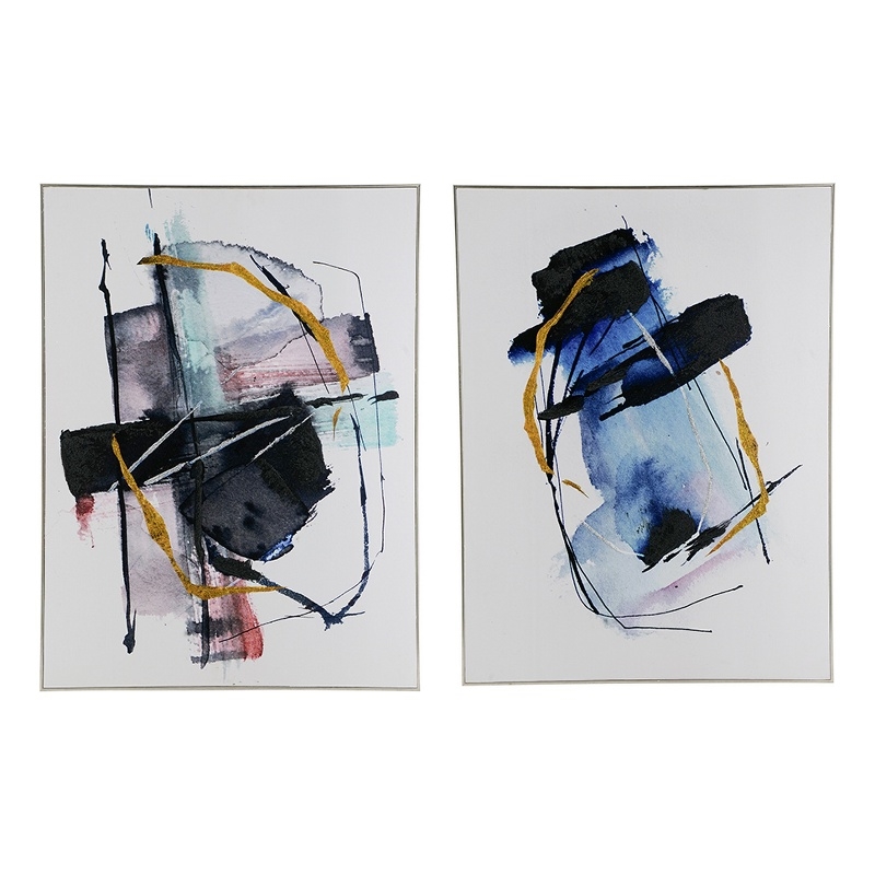 Benjara 24 x 32 Abstract Wall Art Set of 2- Black and Blue Painting- Silver Wood
