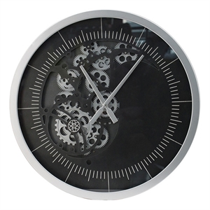 Benjara Reny 23&quot Wall Clock- Decorative Gear Design- Round- Silver- Black Iron