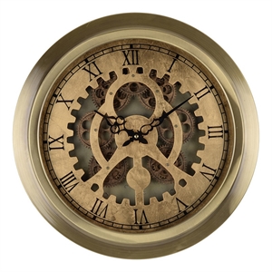 Benjara Reny 18&quot Round Wall Clock- Gear Design- Roman Analog- Gold Bronze