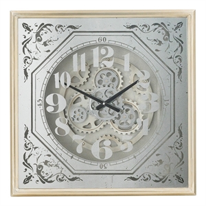 Benjara Viry 24&quot Square Wall Clock- Analog Gear Design- Black White Iron Finish