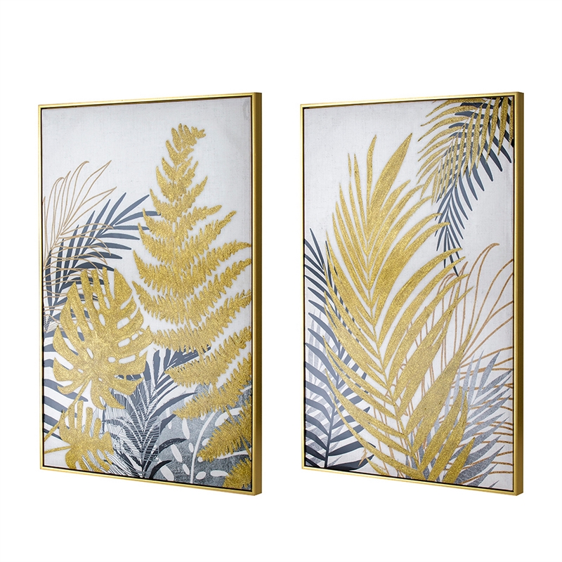 Benjara Nir 23 x 35 Set of 2 Palm Leaf Wall Art - Black Gold/Gray Wood
