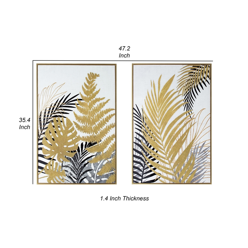 Benjara Nir 23 x 35 Set of 2 Palm Leaf Wall Art - Black Gold/Gray Wood