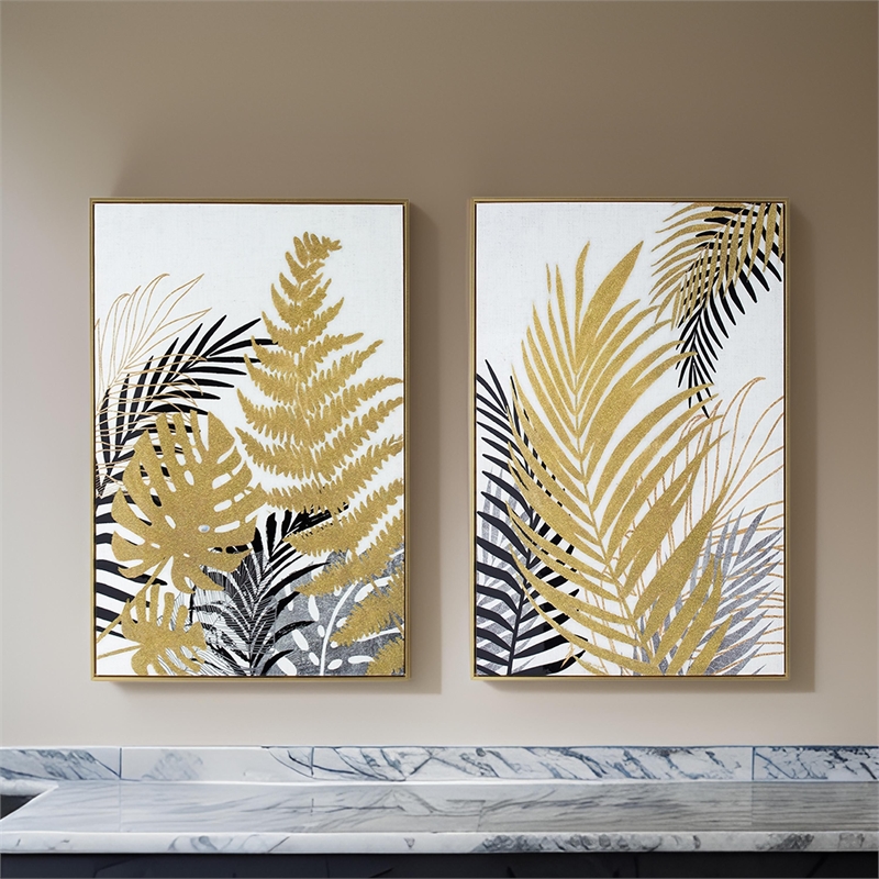 Benjara Nir 23 x 35 Set of 2 Palm Leaf Wall Art - Black Gold/Gray Wood