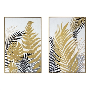 Benjara Nir 23 x 35 Set of 2 Palm Leaf Wall Art - Black Gold/Gray Wood