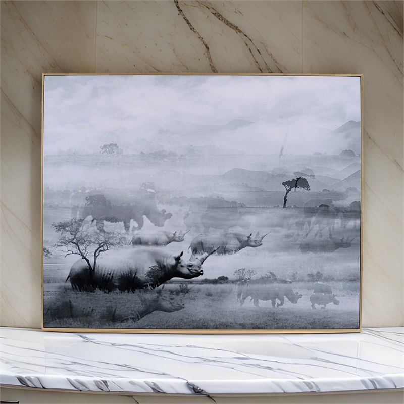 Benjara 49 x 59 Framed Wall Art-Foggy Waterscape Print-Modern Gray-White-Black