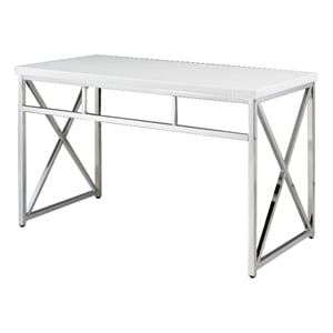 Benjara Gracie 47&quot Desk- White Rectangular Top- Metal Legs in Chrome Finish