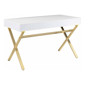 Benjara Gracie 47&quot Desk- White Rectangular Top- 2 Drawers- Gold Metal Legs