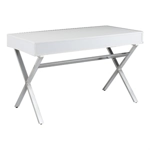 Benjara Gracie 47&quot Desk- White Rectangular Top- 2 Drawers- Chrome Metal Legs