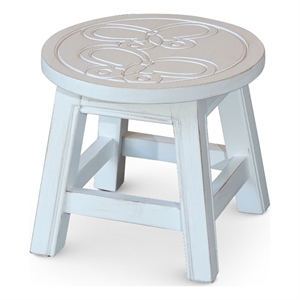 Benjara Sidi 11&quot Step Stool Footrest- Wood Butterfly Print- Round- White